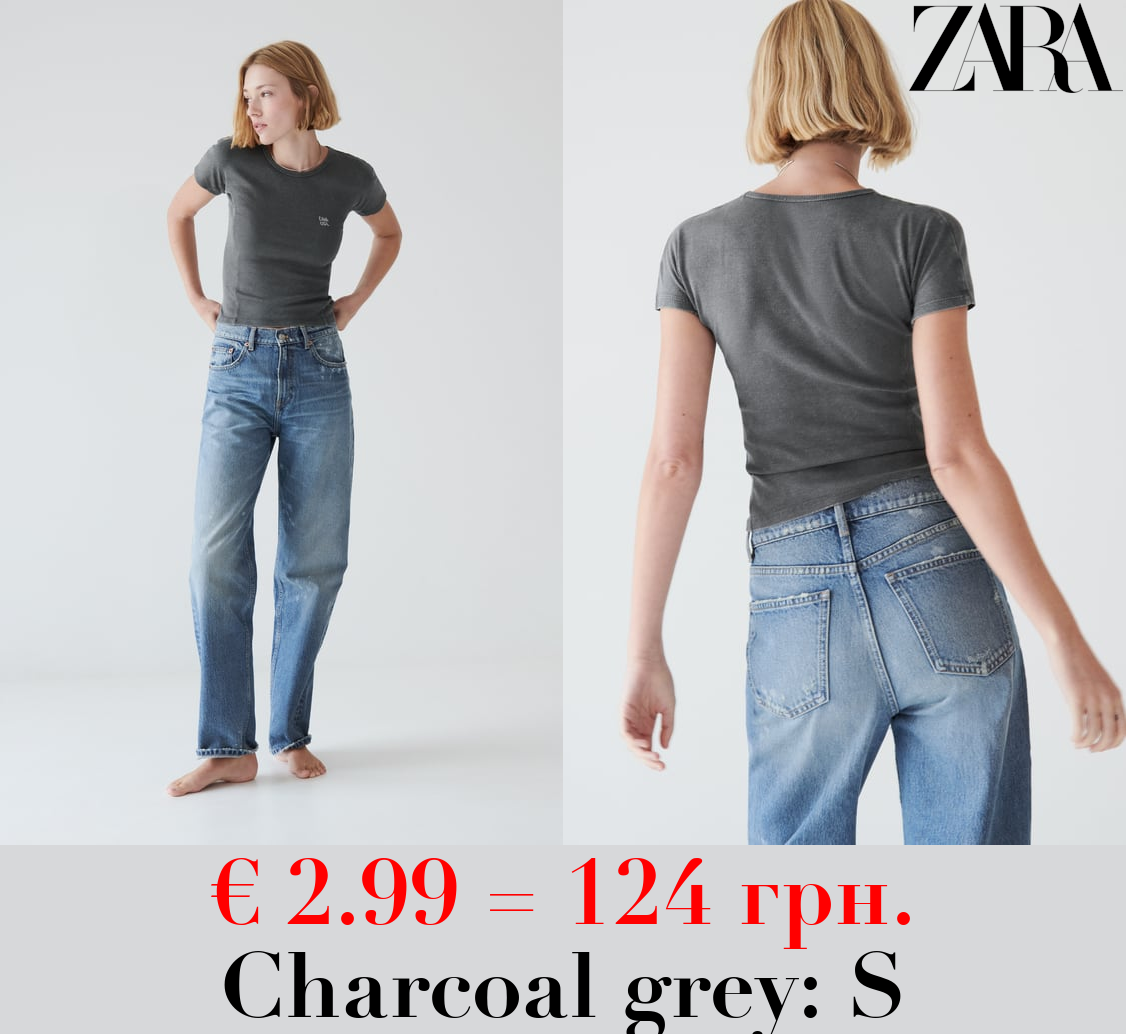 FADED RIBBED T-SHIRT WITH SLOGAN