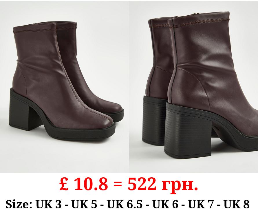 Burgundy Block Heel Sock Boots
