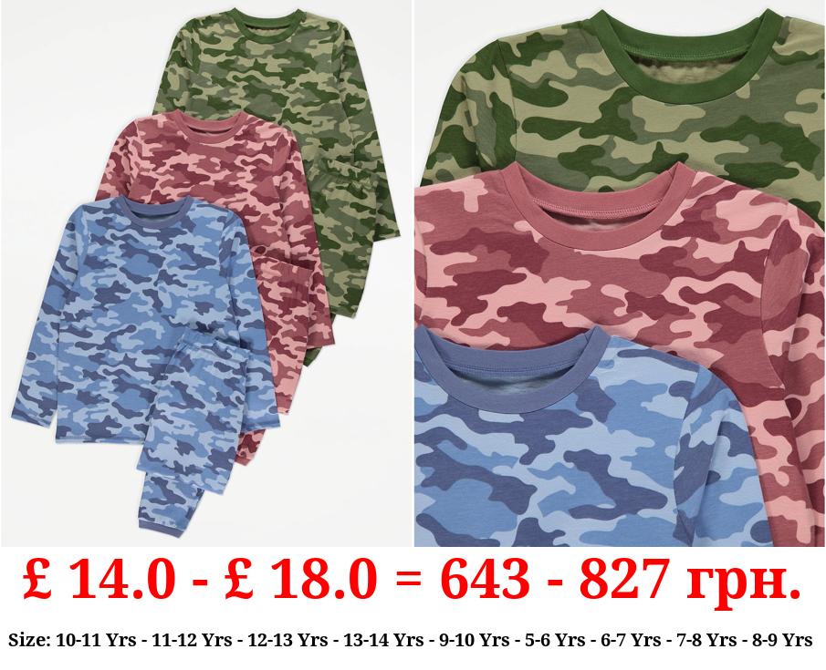 Camouflage Long Sleeve Pyjamas 3 Pack