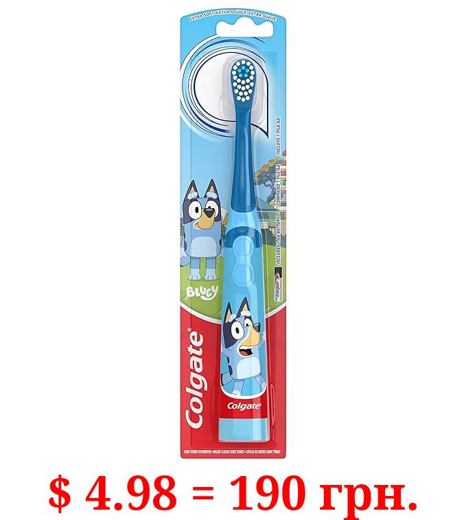 Colgate Kids Battery Powered Toothbrush, Kids Battery Toothbrush with Included AA Battery, Extra Soft Bristles, Flat-Laying Handle to Prevent Rolling, Bluey Toothbrush, 1 Pack