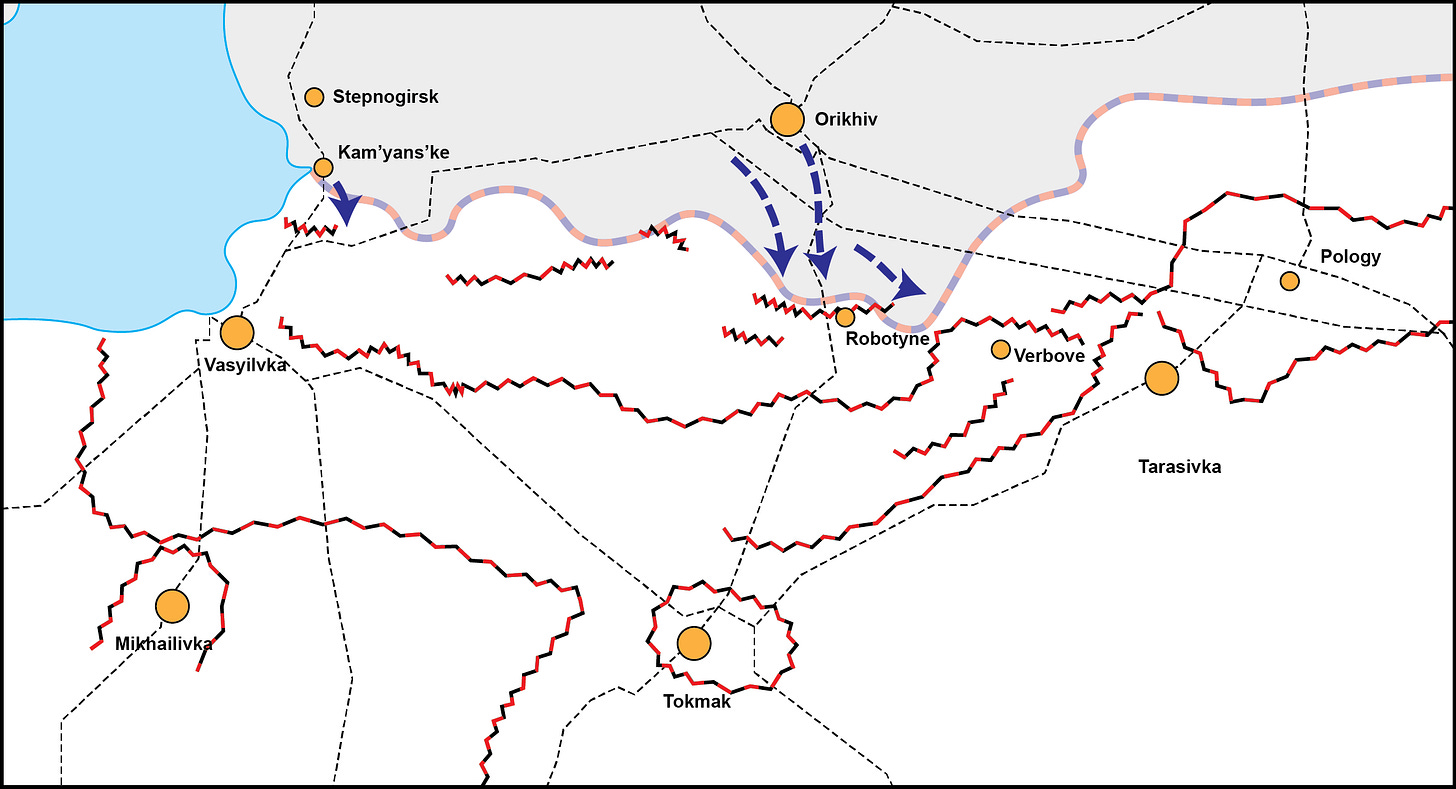 Украинское контрнаступление с нанесенными на карту российскими оборонительными линиями.