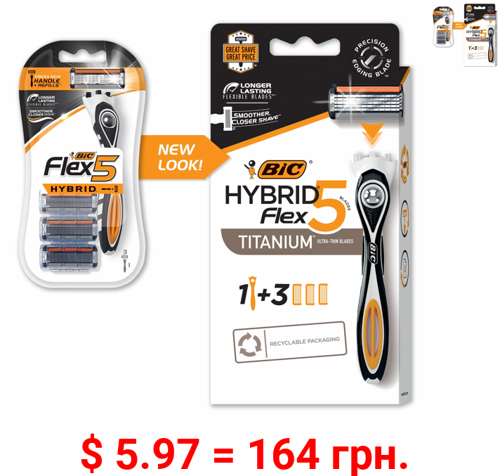 BIC Flex 5 Hybrid Men's Razor, 1 Handle and 3 Replacement Cartridges