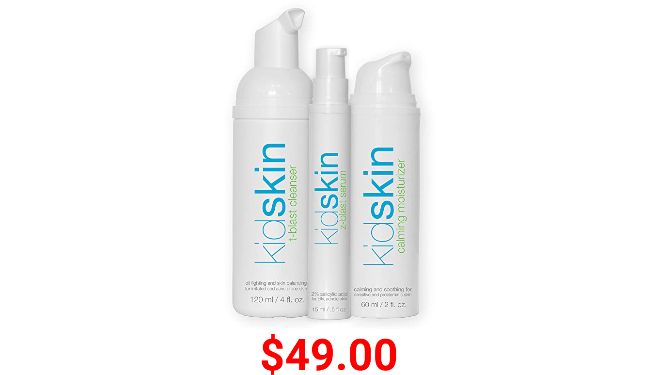 Kidskin - Three-Step Acne Treatment Kit for Kids, Tweens, Teens - Face Wash Cleanser - Serum - Moisturizer - Breakout Prevention for Boys or Girls. Perfect for Preteens - Made in USA