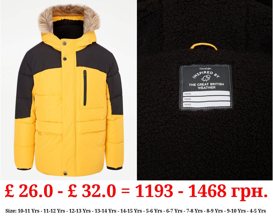 Yellow Faux Fur Trim Padded Coat