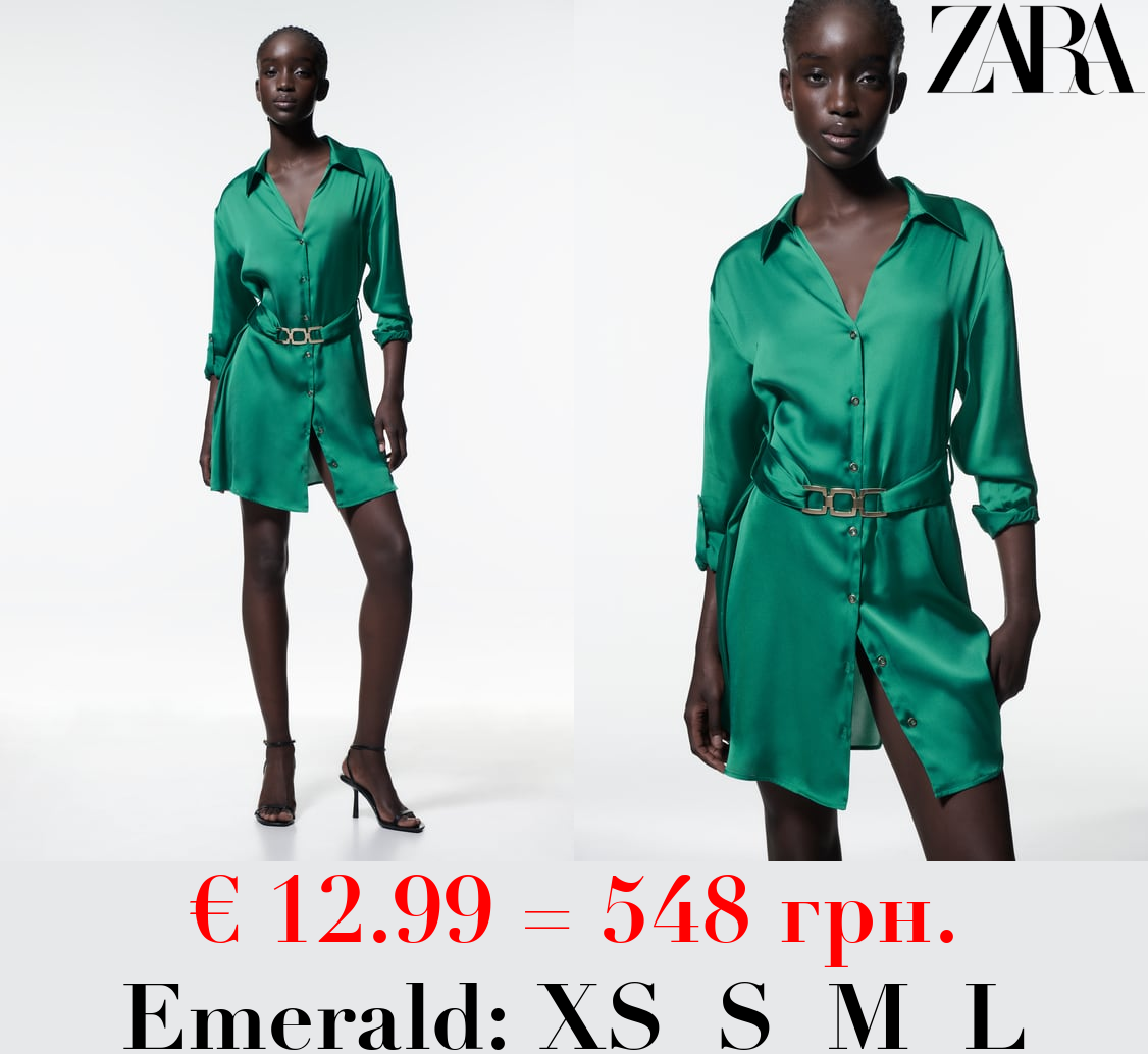 BELTED SATIN SHIRT DRESS