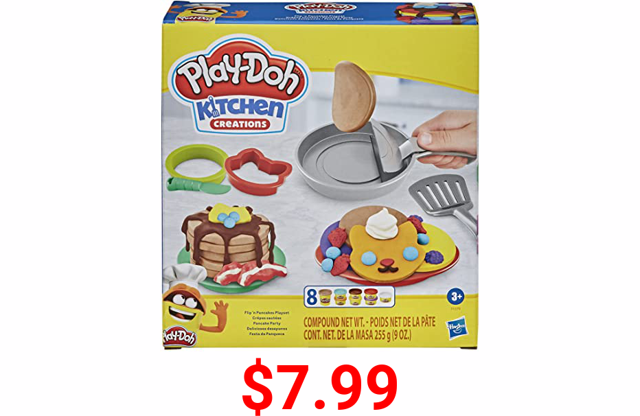 Play-Doh Kitchen Creations Flip 'n Pancakes Playset 14-Piece Breakfast Toy for Kids 3 Years and Up with 8 Non-Toxic Modeling Compound Colors