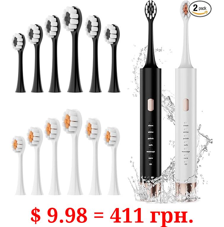 Aneebart Sonic Electric Toothbrush 2 Pack,Electric Toothbrush for Adults and Kids ,Travel Electric Toothbrush Includes 12 Brush Heads,IPx8 Waterproof (Black & White )