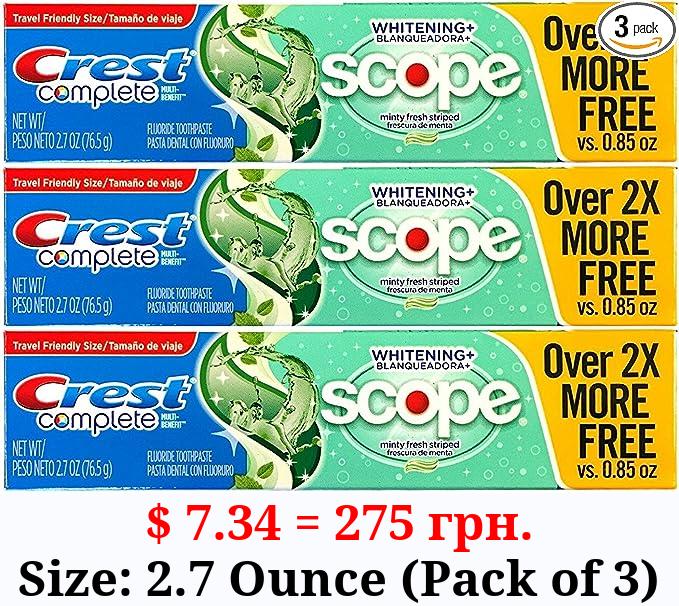 Crest Complete Multi-Benefit Whitening + Scope Minty Fresh Flavor Toothpaste 2.7 Oz, Pack of 3