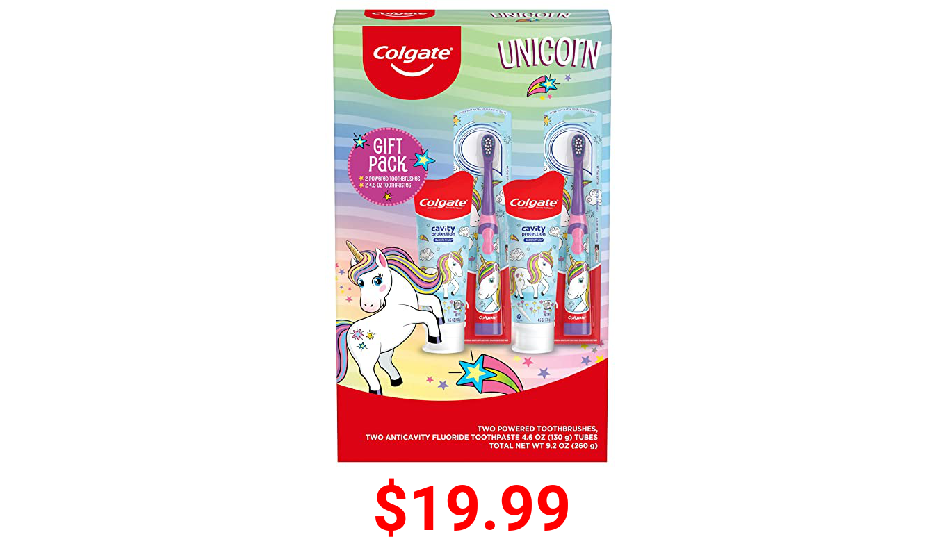 Colgate Kids Toothbrush Set with Toothpaste for Ages 3+, Unicorn Gift Set, 2 Battery Toothbrushes and 2 Toothpastes