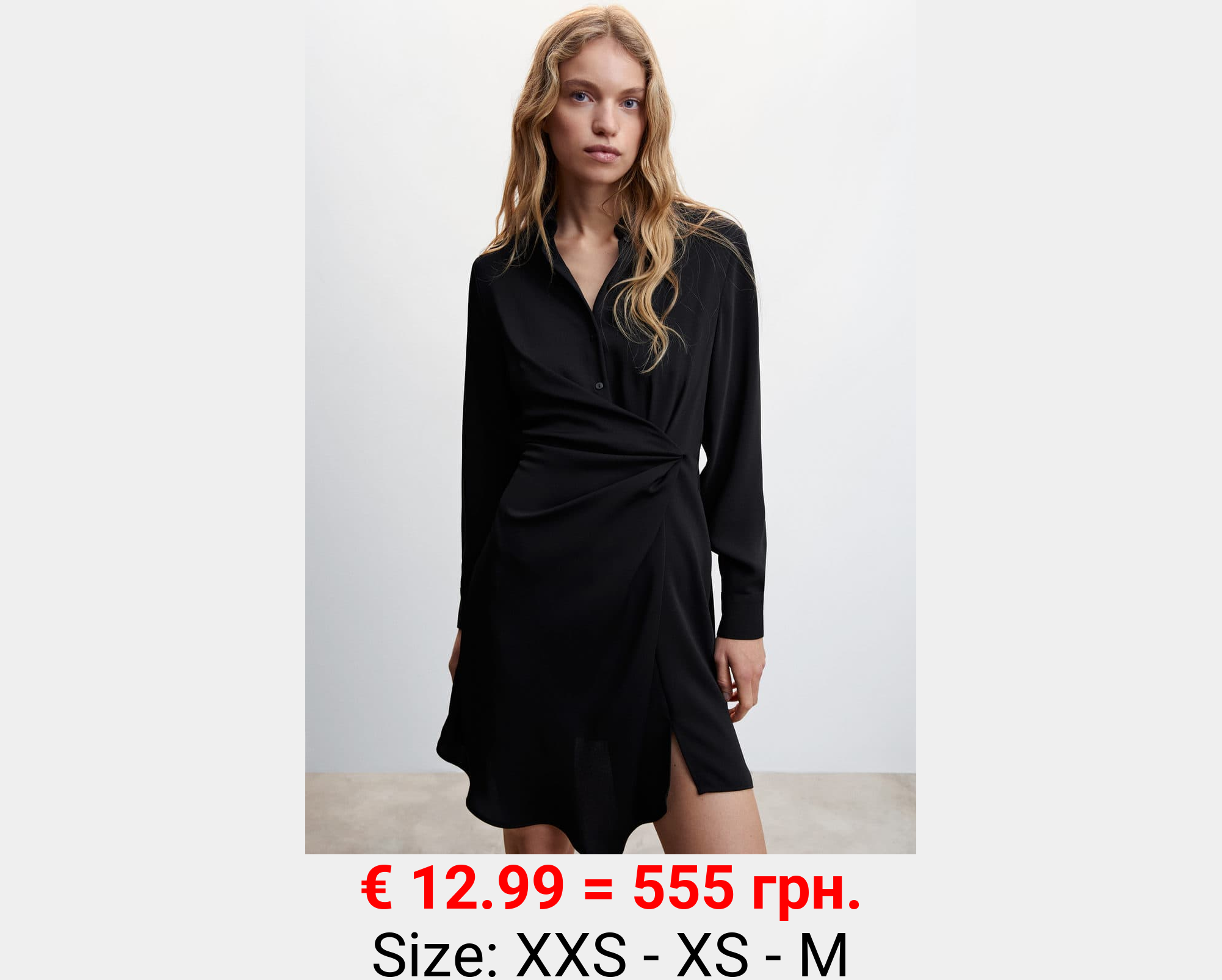 Vestido negro cuello camisero fruncido