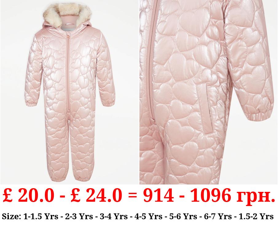Pink Shiny Heart Quilted Snowsuit