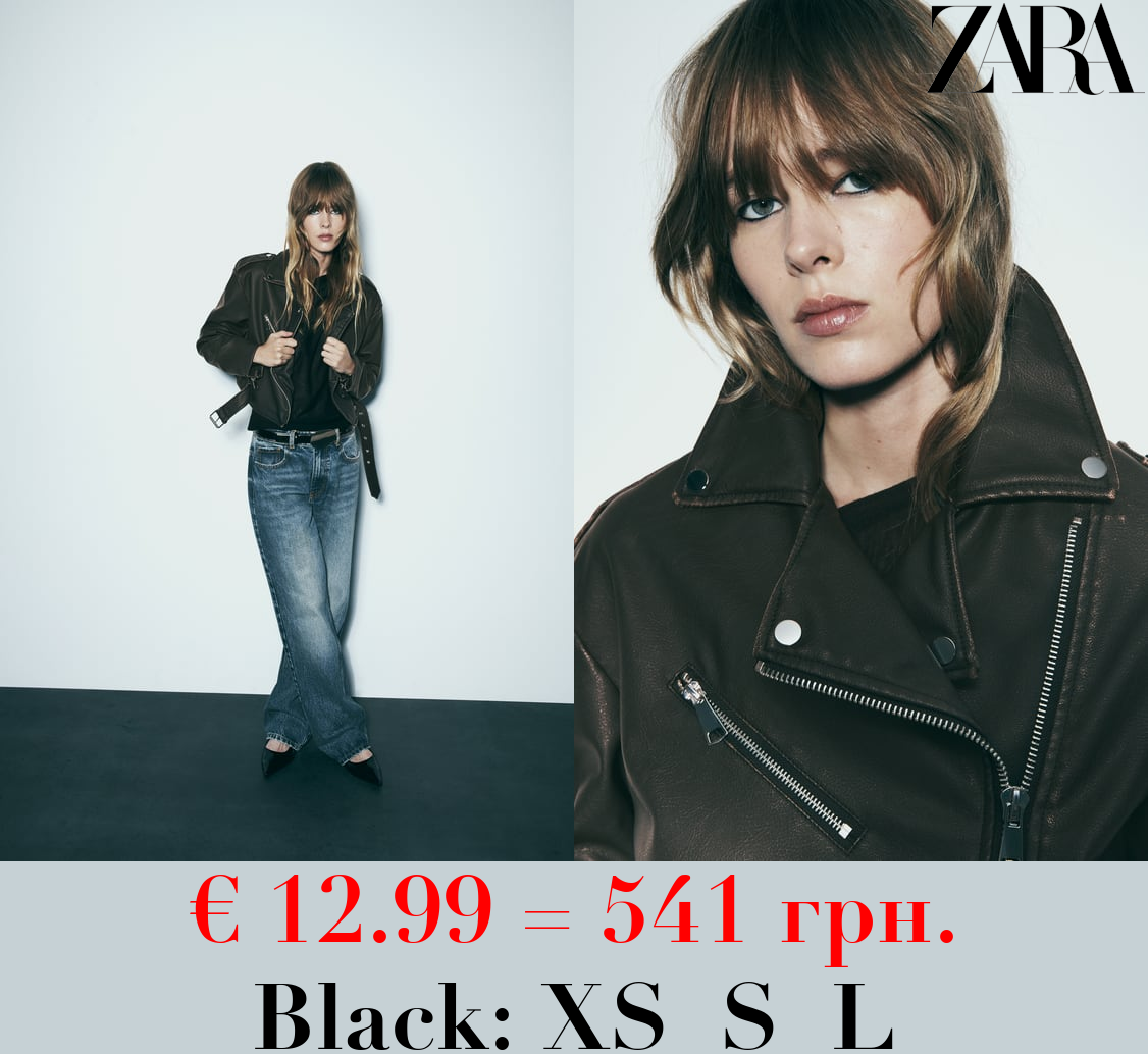 WORN EFFECT CROPPED LEATHER EFFECT BIKER JACKET