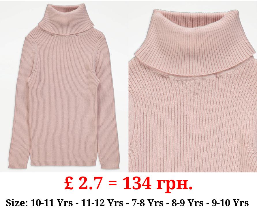 Light Pink Roll Neck Ribbed Jumper