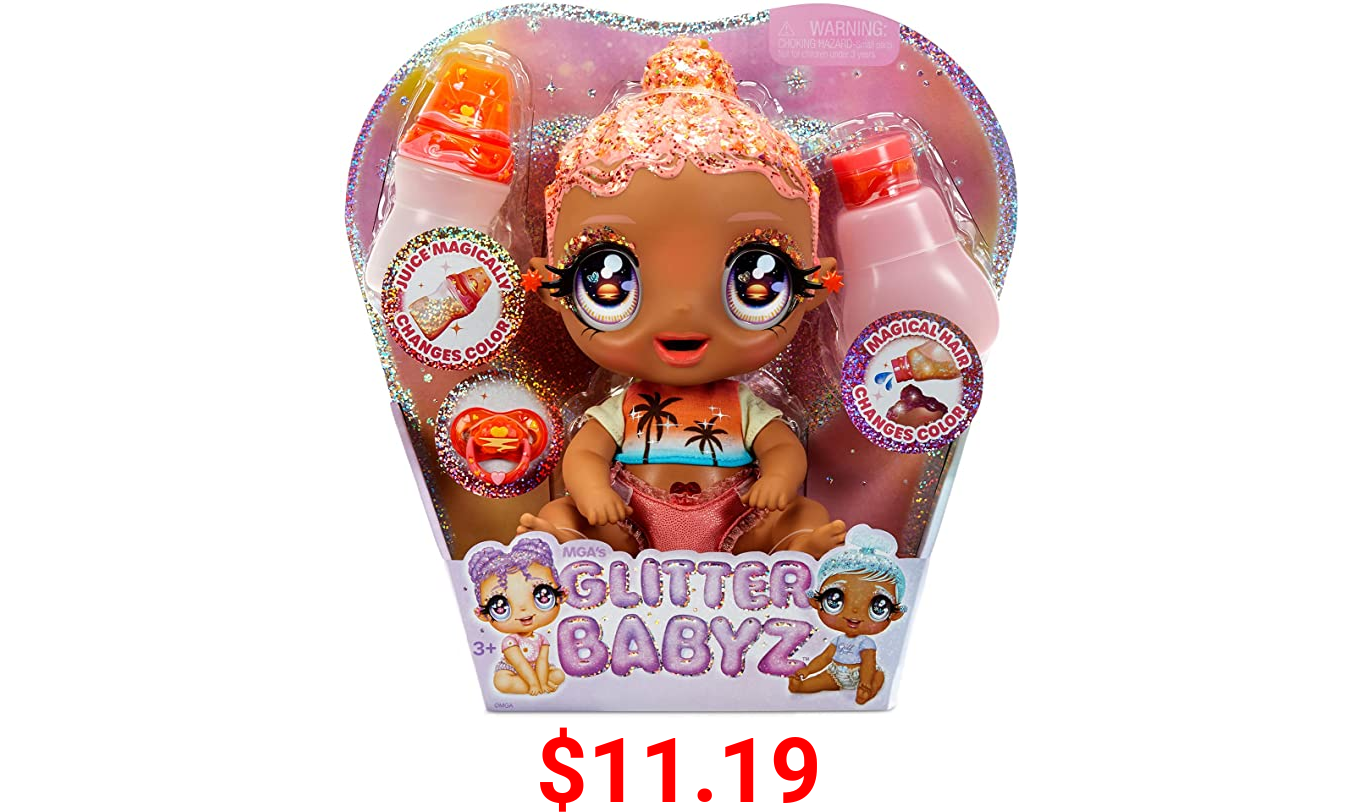 MGA'S Glitter BABYZ Solana Sunburst Baby Doll with 3 Magical Color Changes, Coral Pink Hair, Tropical Sunset Outfit, Diaper, Bottle, Accessories- Gift for Kids, Toy for Girls Boys Ages 3 4 5+ Years