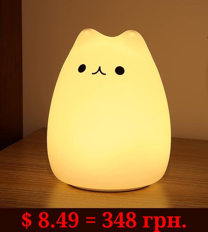 ZKLiLi Cat Night Light, Cute Cat Nursery Lights USB Rechargeable Cat Lamp Nightlight Birthday Christmas Gift with Warm White and 7-Color Breathing Modes for Kids Baby Children (Cat - USB Charging)