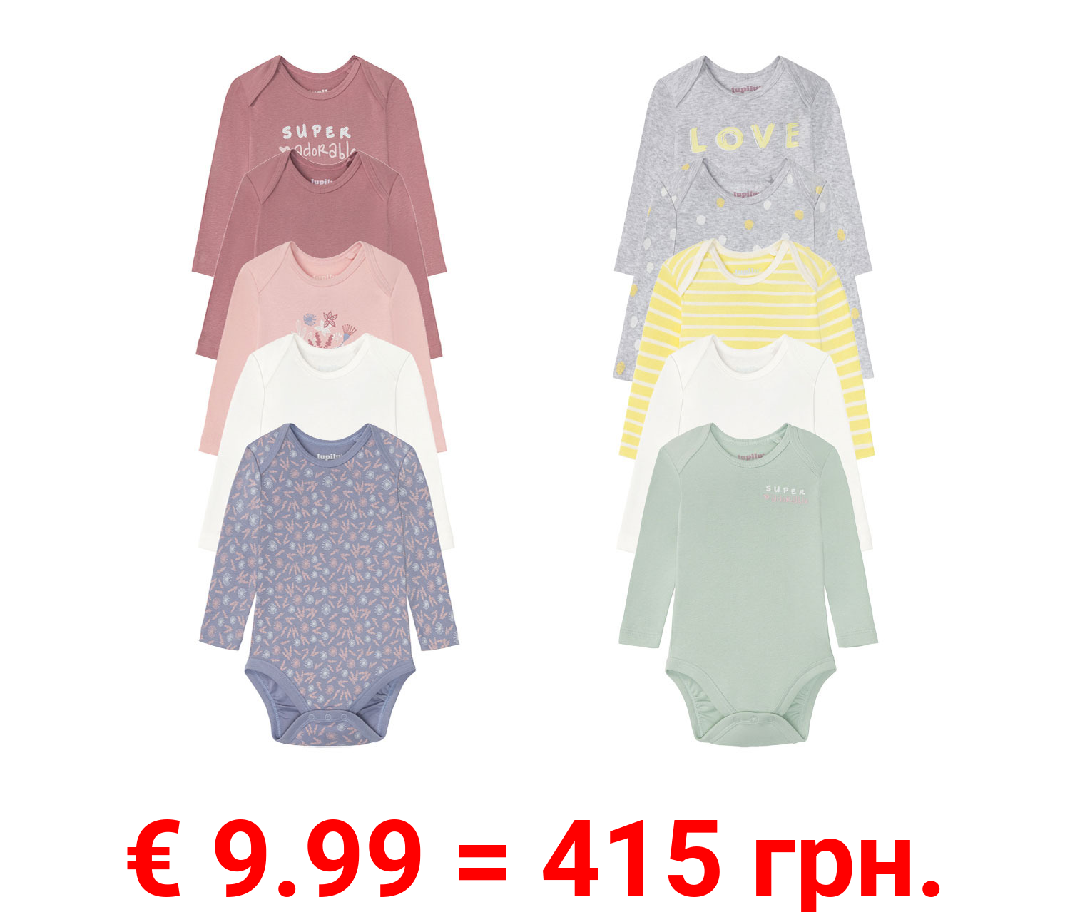 lupilu® Baby Mädchen Bodies, 5 Stück, aus reiner Bio-Baumwolle