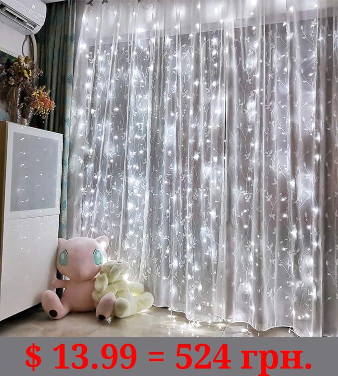 Honche Led Curtain Lights 300 LED 8 Modes USB with Remote for Home Room Bedroom Wedding Party Christmas Window Wall Decorations Room Decor (Cool White)
