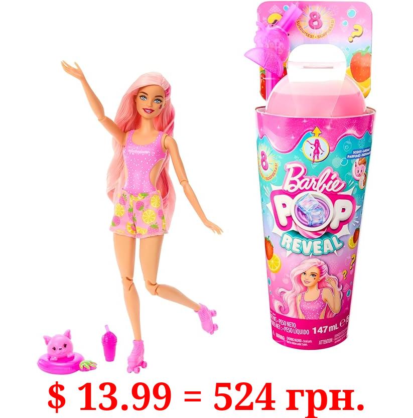 Barbie Pop Reveal Doll & Accessories, Strawberry Lemonade Scent with Pink Hair, 8 Surprises Include Slime & Squishy Puppy