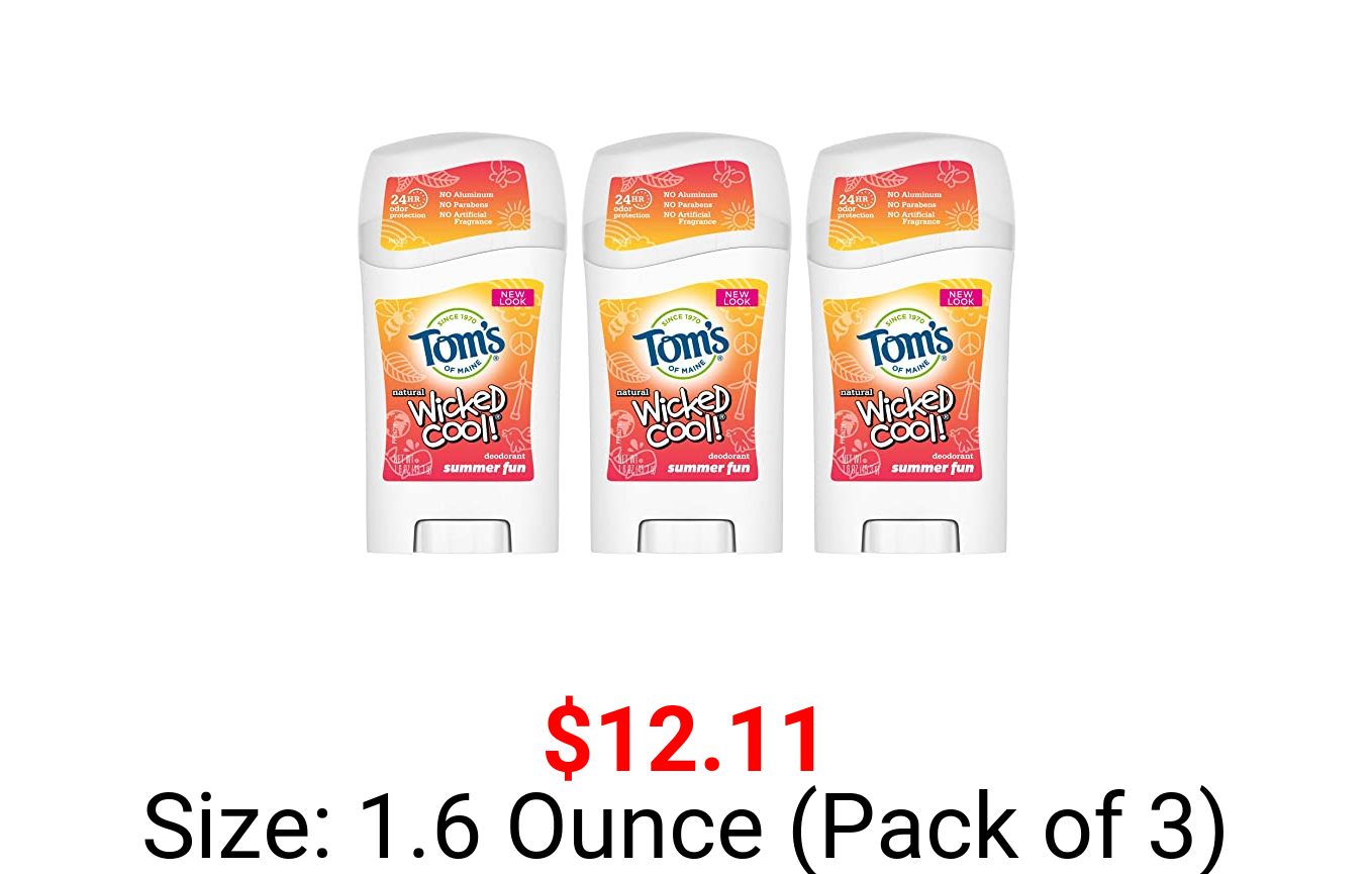 Tom's of Maine Aluminum-Free Wicked Cool! Natural Deodorant for Kids, Summer Fun, 1.6 oz. 3-Pack