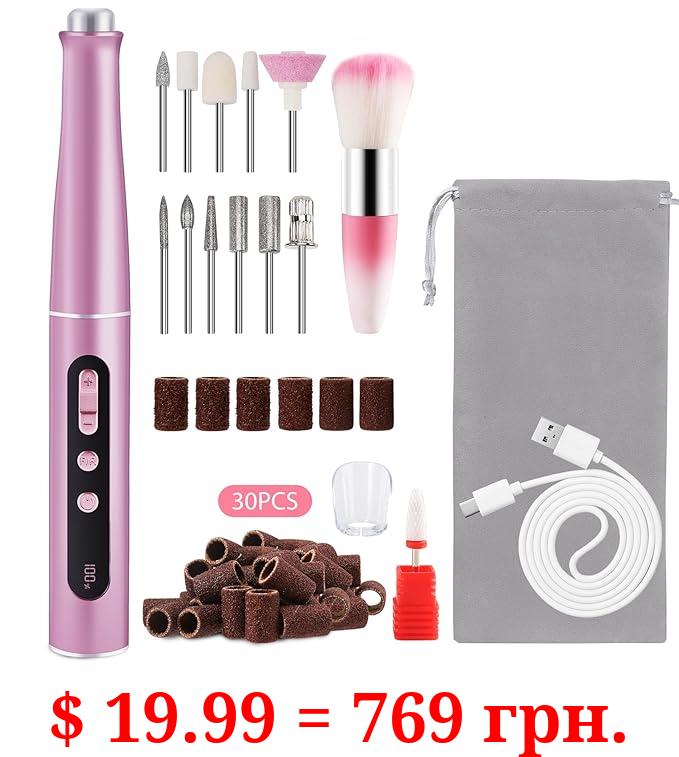 Electric Nail File, LveSunny 12 in 1 Professional Cordless Nail Drill Buffer Machine for Natural Acrylic Gel Nails, Digital Display, 5-Speed F/R, USB Portable Efile, 20000 RPM Electric Nail Care Kit