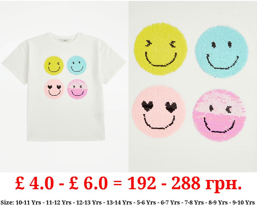 White Smiley Face Sequin T-Shirt