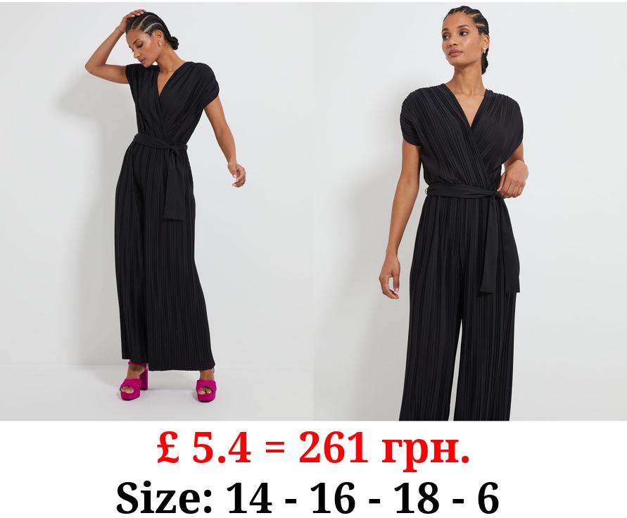 Black Plisse Belted Jumpsuit