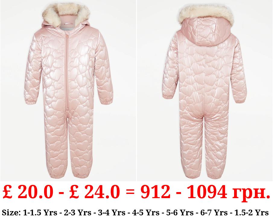 Pink Shiny Heart Quilted Snowsuit