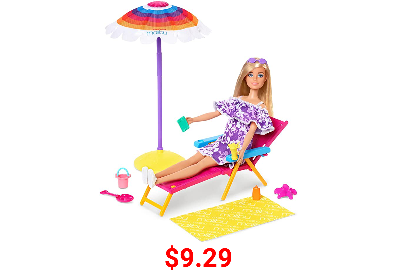 Barbie Loves The Ocean Beach-Themed Playset, with Lounge Chair, Umbrella & Accessories, Made from Recycled Plastics, Gift for 3 to 7 Year Olds