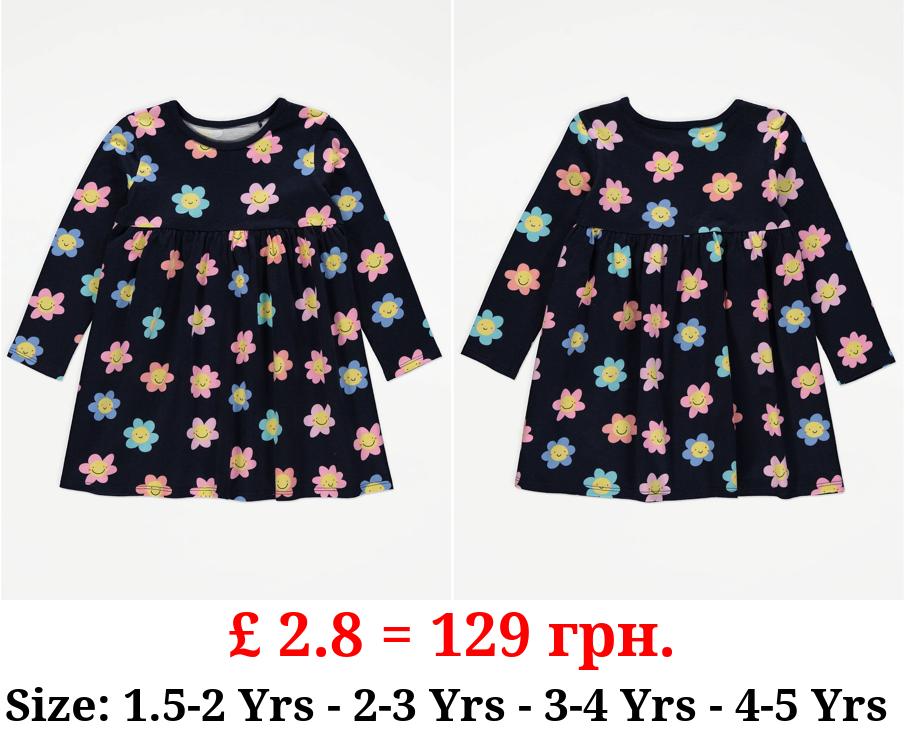 Navy Smiley Flower Print Long Sleeve Dress
