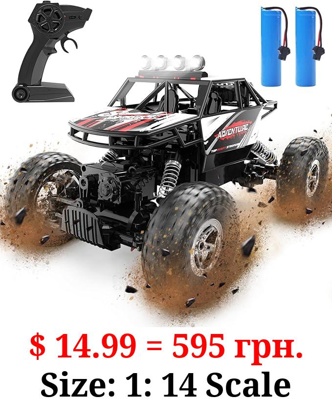 DEERC DE45 RC Cars Remote Control Car 1:14 Off Road Monster Truck,Metal Shell 4WD Dual Motors LED Headlight Rock Crawler,2.4Ghz All Terrain Hobby Truck with 2 Batteries for 90 Min Play,Boy Adult Gifts