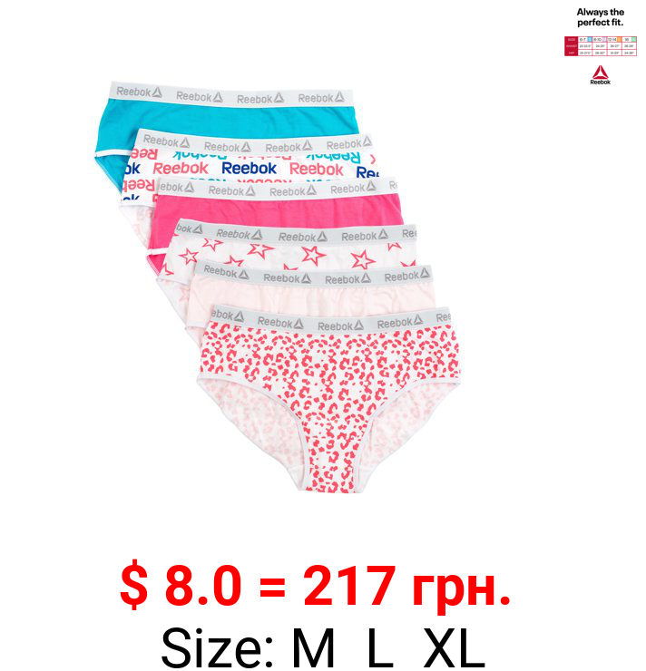 Reebok Girls Underwear Cotton Stretch Hipster Panties, 6-Pack, Sizes S-XL