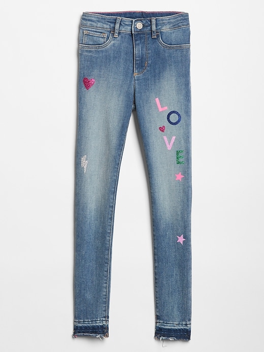 Kids High Rise Glitter Graphic Jeggings with Raw Hem