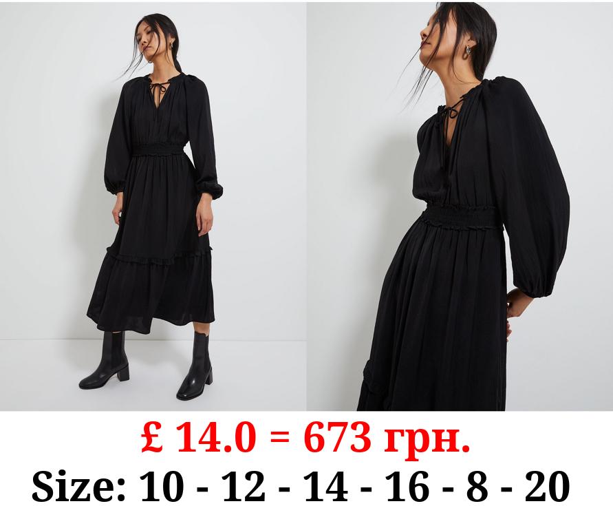 Black Satin Ruffle Tie Neck Midi Dress