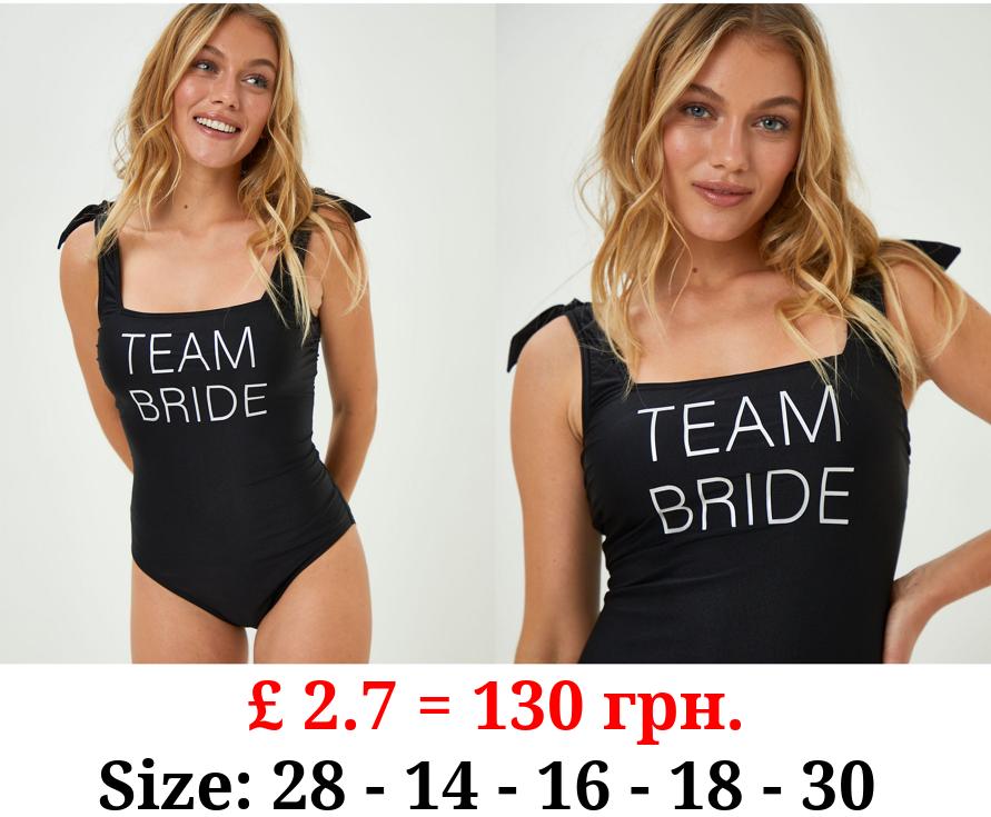 Black Team Bride Slogan Print Swimsuit