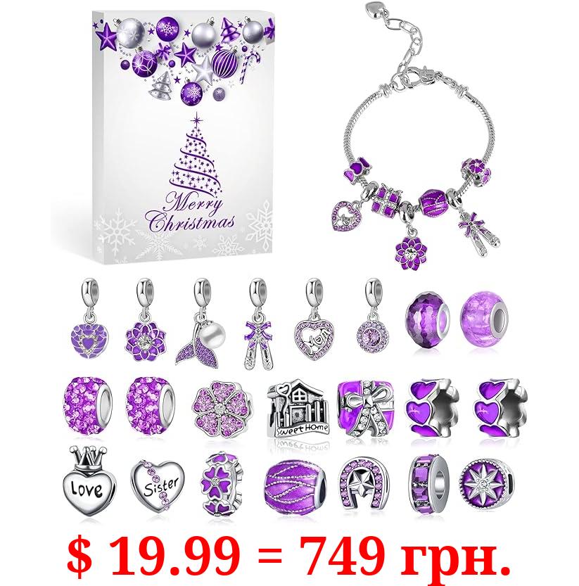 MJartoria Advent Calendar 2023 for Women Girls-Purple Jewelry 24 Days Christmas Countdown-Inclued Purple Heart Metal Charms Beads DIY Necklaces Bracelets Making Kit Jewelry Surprise Gifts