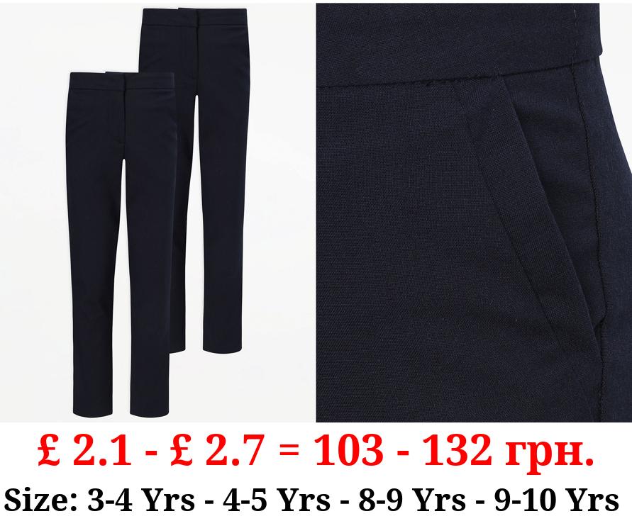 Girls Navy Longer Length Slim Leg School Trousers 2 Pack