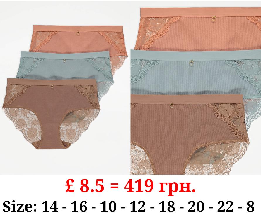 Pastel Ribbed Lace Trim Midi Knickers 3 Pack