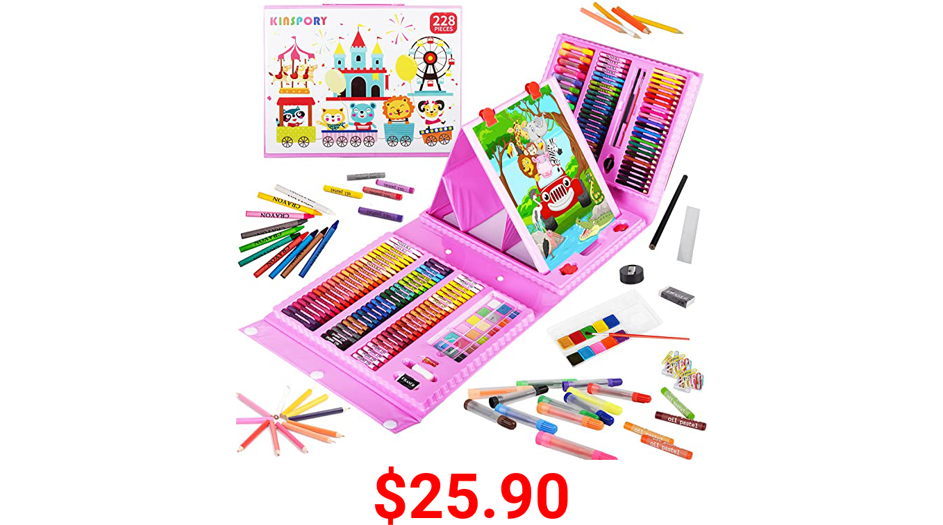 KINSPORY 228 PCS Art Set with Double-Side Easel, Painting Colouring Set & Art Craft Drawing Kit, School Art Supplies Case Gift for Budding Artists Girls Boys Kids Teens (Pink)