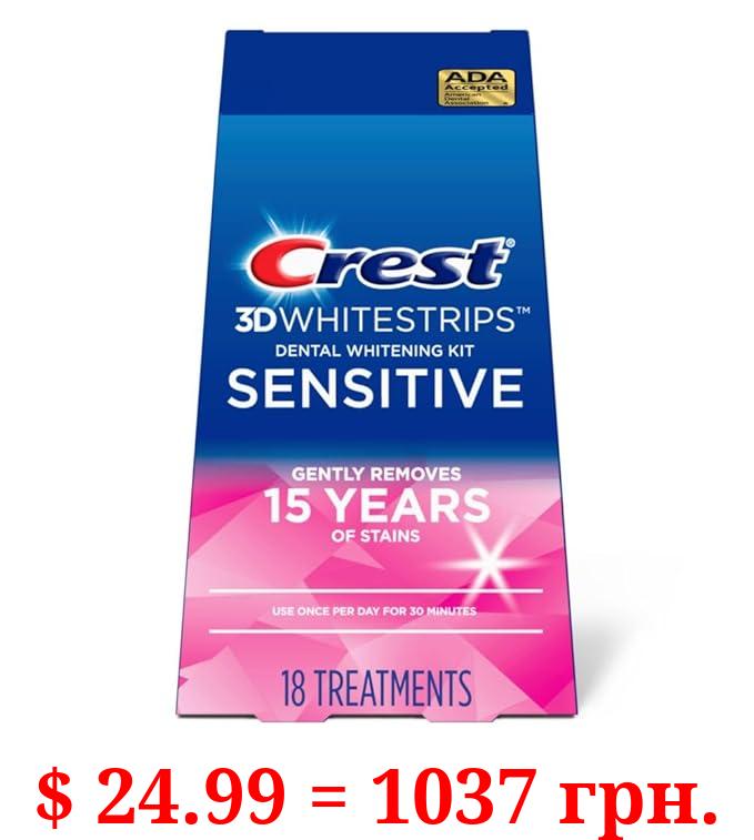 Crest 3D Whitestrips Sensitive At-home Teeth Whitening Kit, 18 Treatments, Gently Removes 15 Years of Stains