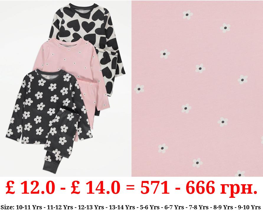 Heart and Flower Long Sleeve Pyjamas 3 Pack