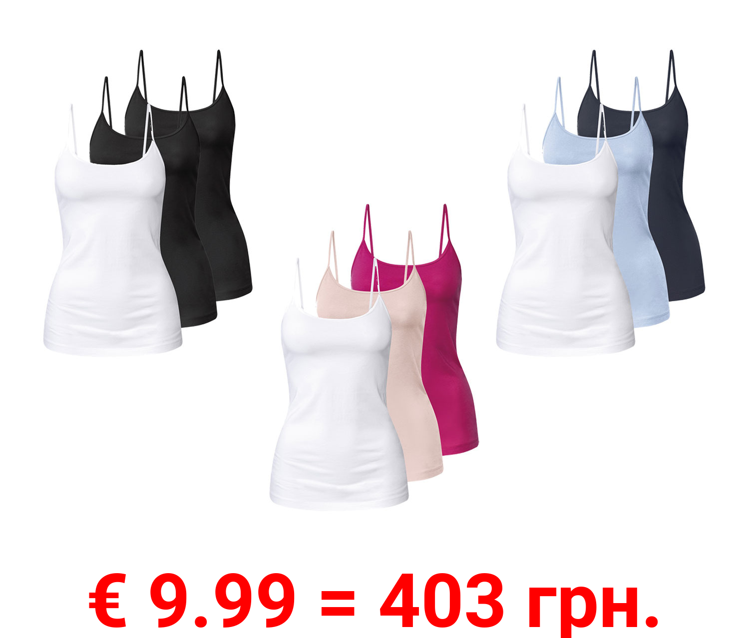 esmara® Damen Spaghettitops, 3 Stück, hoher Baumwollanteil