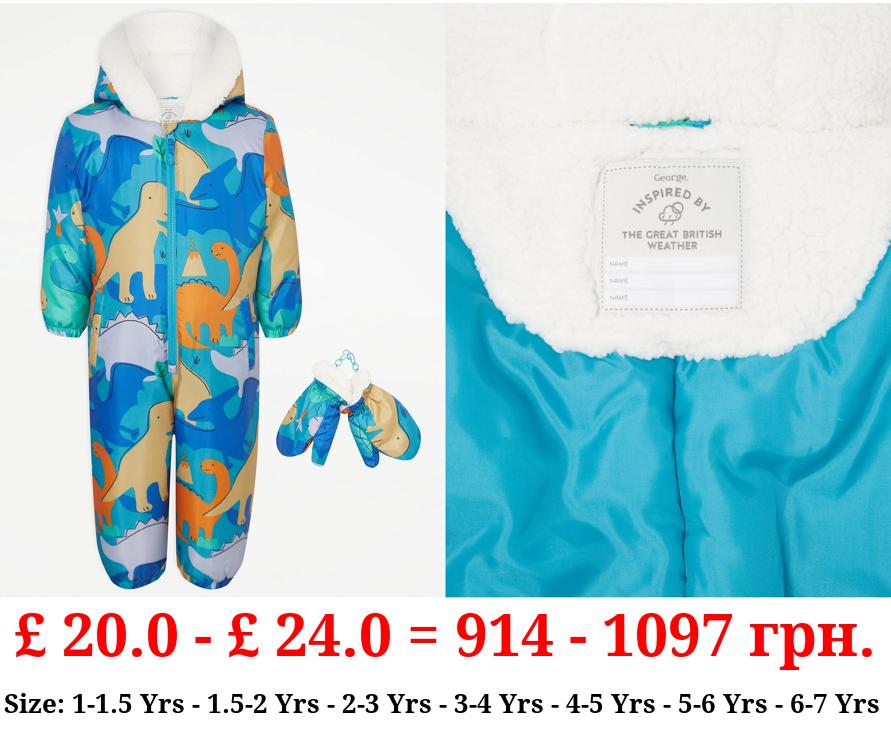 Blue Dinosaur Print Snowsuit and Mittens