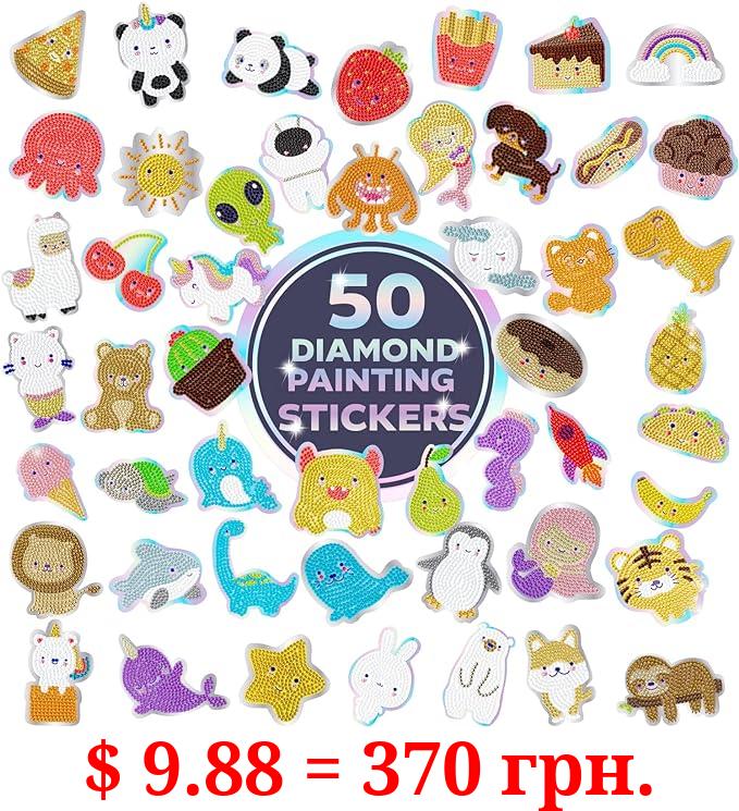 50 Kawaii Diamond Painting Kits with Holographic Stickers - Gem Art for Kids