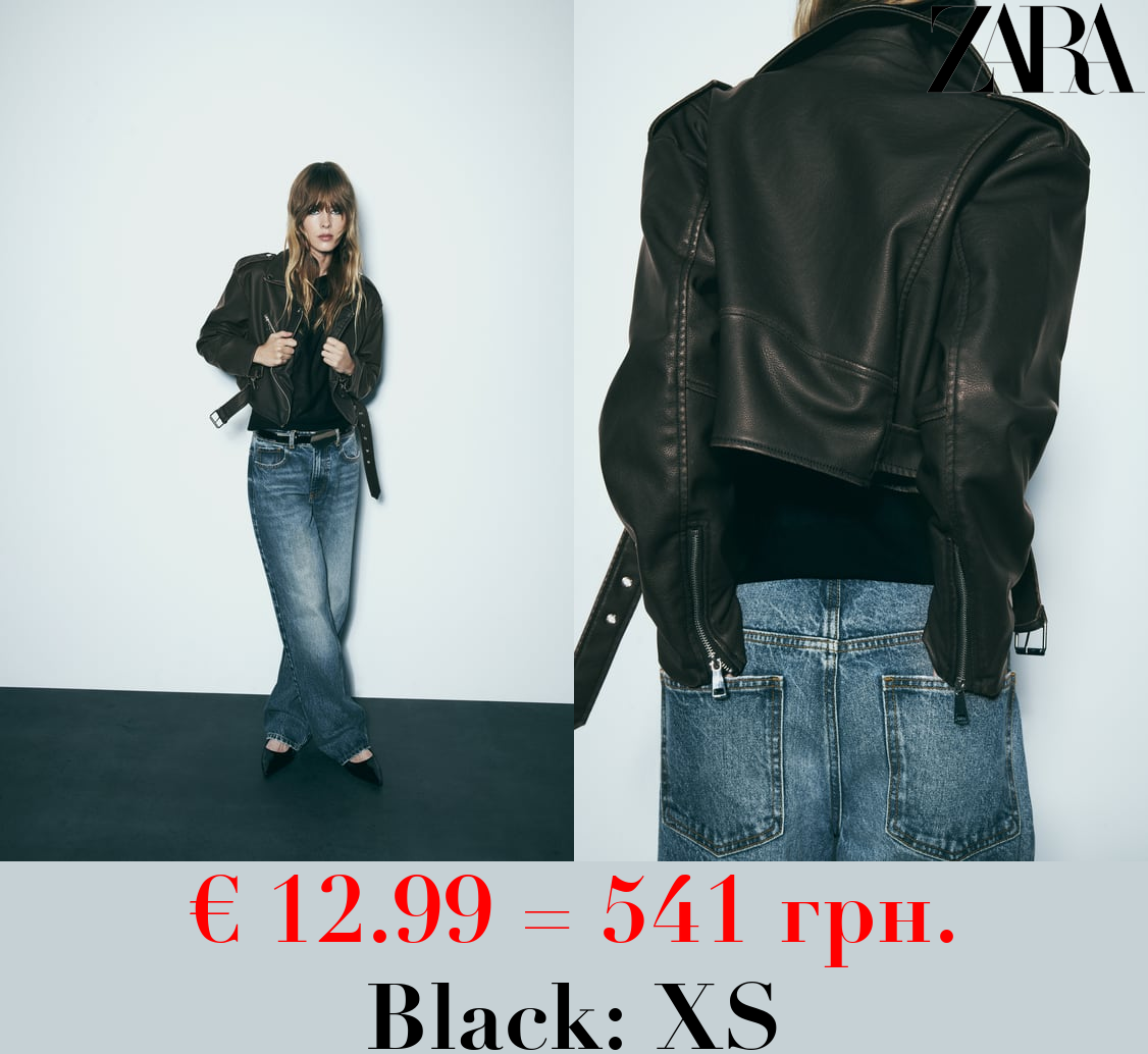 WORN EFFECT CROPPED LEATHER EFFECT BIKER JACKET