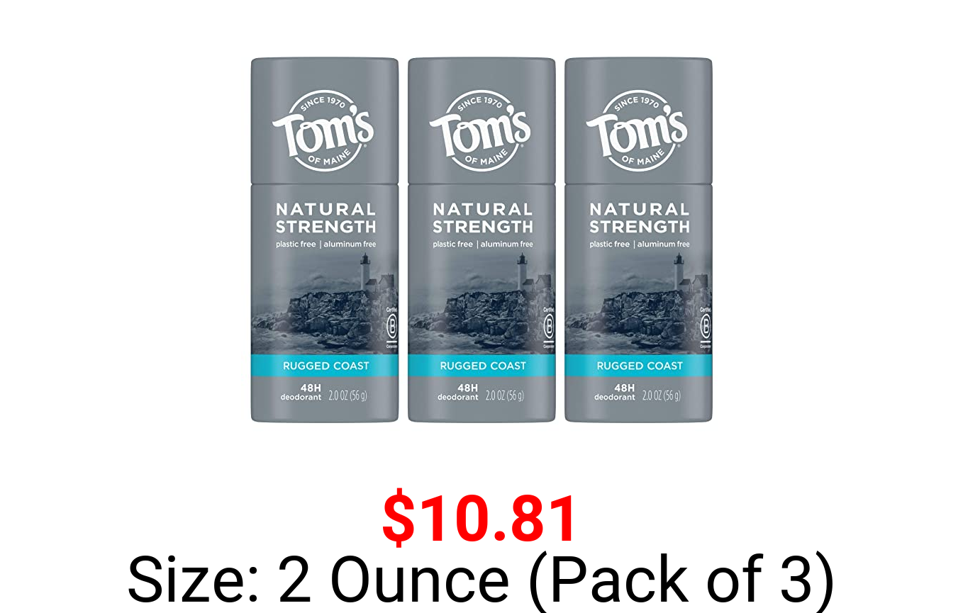 Tom's of Maine Natural Strength Plastic-Free Aluminum-Free Deodorant for Men, Rugged Coast, 2 oz. 3-Pack (Packaging May Vary)