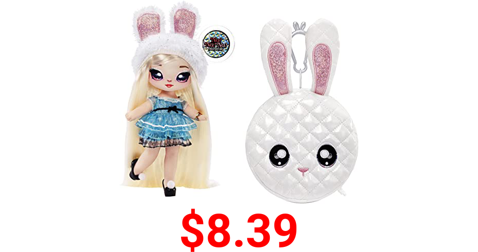 Na! Na! Na! Surprise Glam Series Alice Hops Fashion Doll and Metallic Rabbit Purse, Blonde Hair, Shiny Blue Dress, Bunny Ears Hat & Accessories, 2-in-1 Kids Gift, Toy for Girls Ages 5 6 7 8+ Years