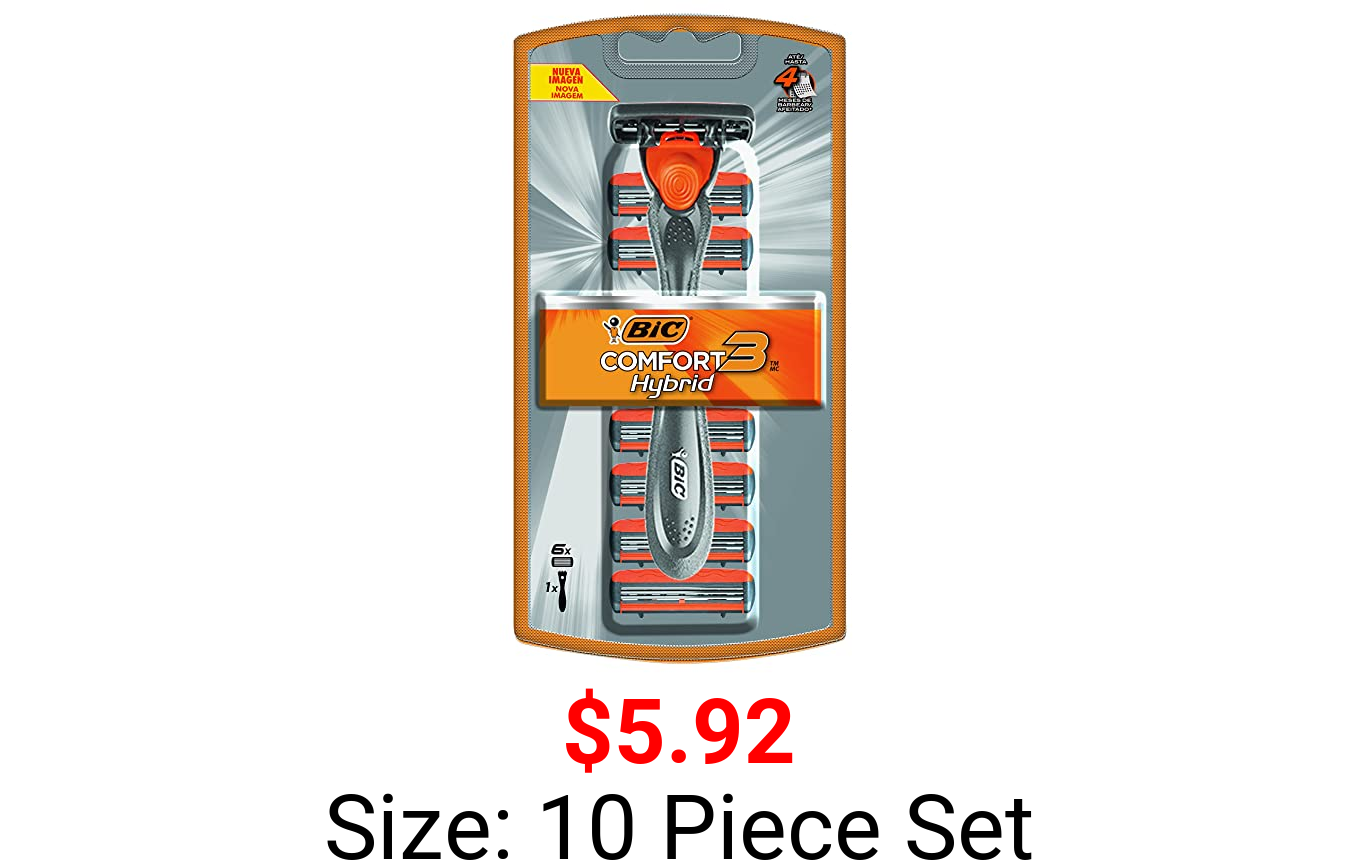BIC Comfort 3 Hybrid Men's Disposable Razor, 3 Blades, 6 Cartridges and 1 Handle, Black, For a Close and Comfortable Shave