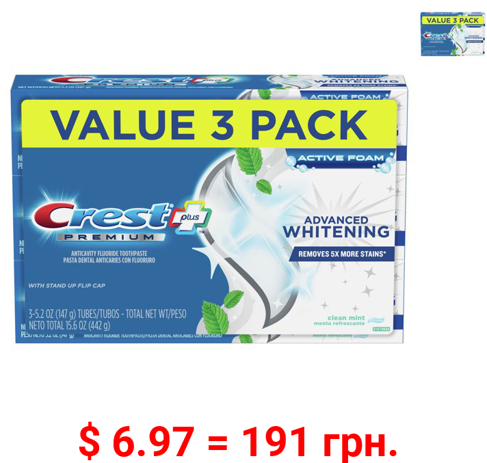 Crest Premium Plus Advanced Whitening Toothpaste, Mint, 5.2 oz, 3 pk