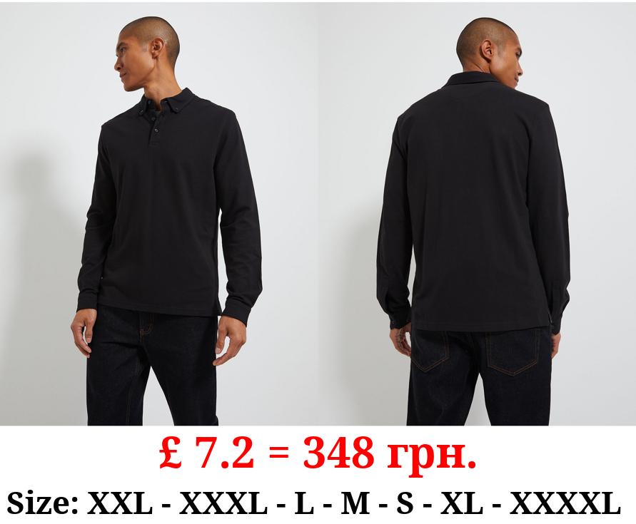 Black Mercerised Long Sleeve Polo Top