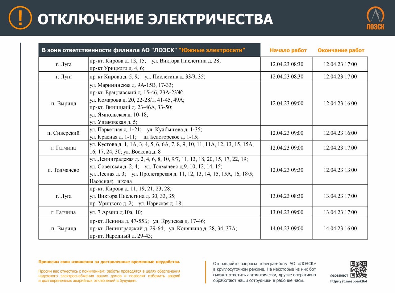 Плановое отключение электроэнергии